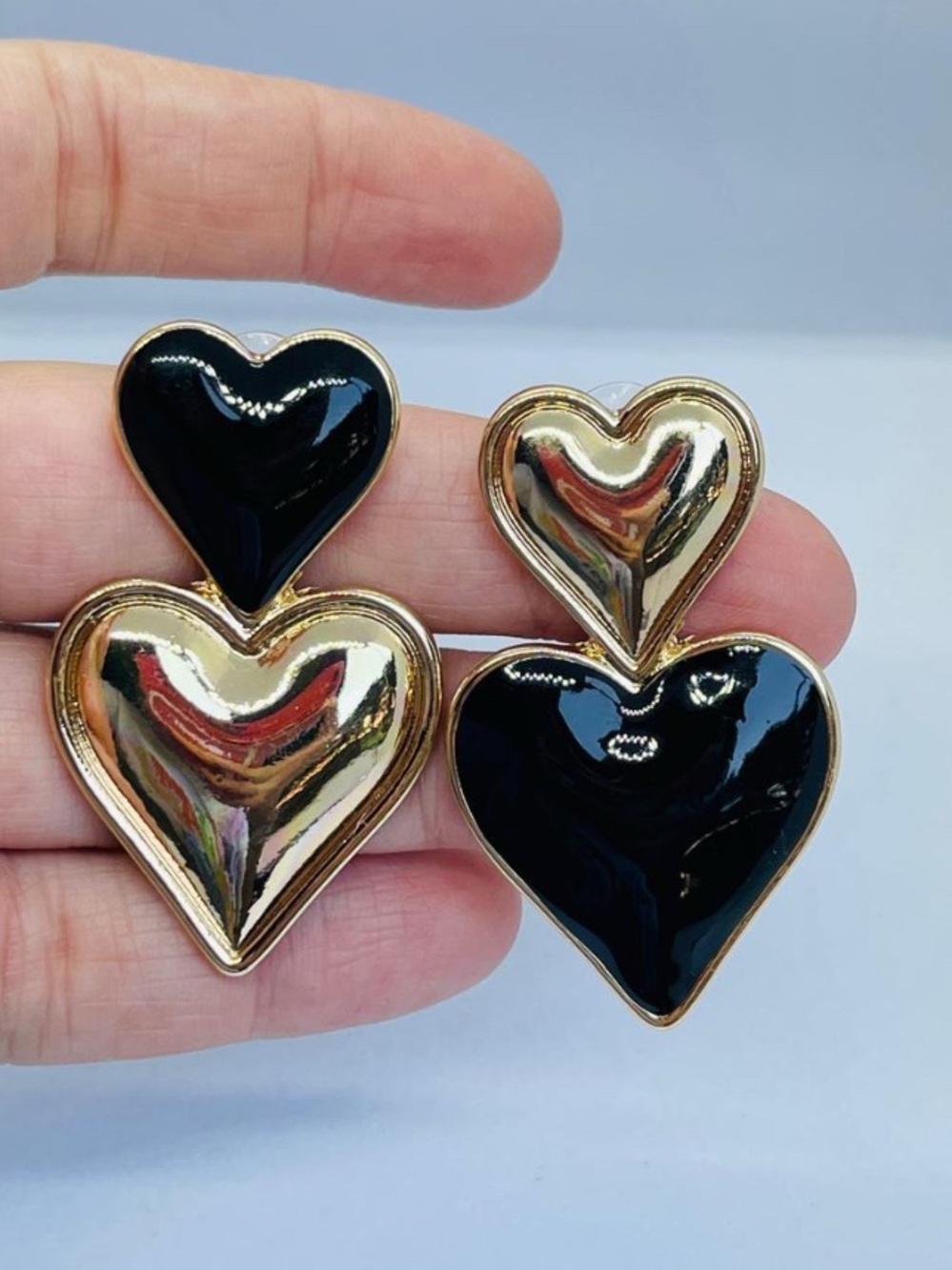NWT: Gold & Black Double Heart Drop Earrings - Women Jewelry